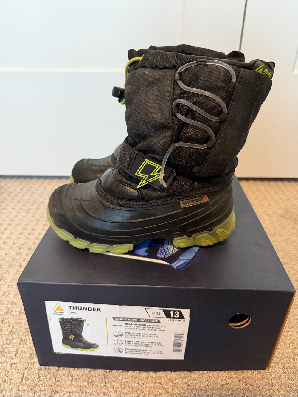 Thunder Kids Waterproof Black & Lime Snow Boots